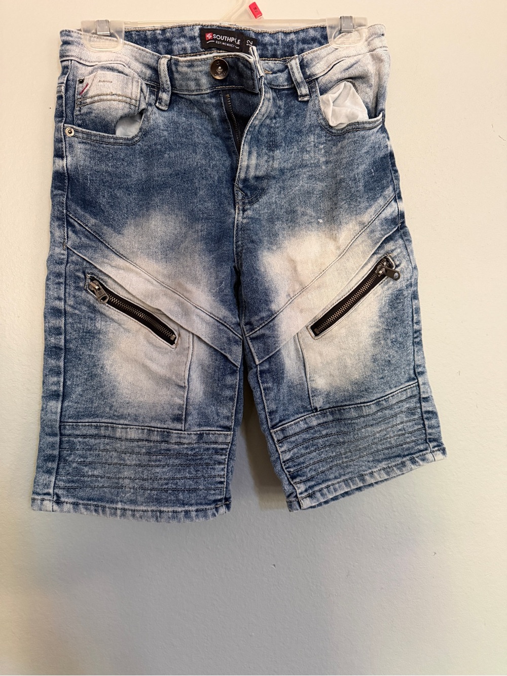 South Pole Washed Blue Distressed Denim Shorts with Zip Accents